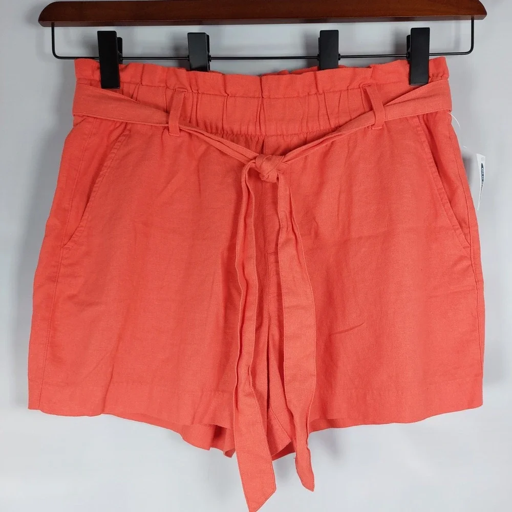 Old Navy Elastic Tie Waist Shorts Size 12 Coral Orange Linen Rayon Pockets New